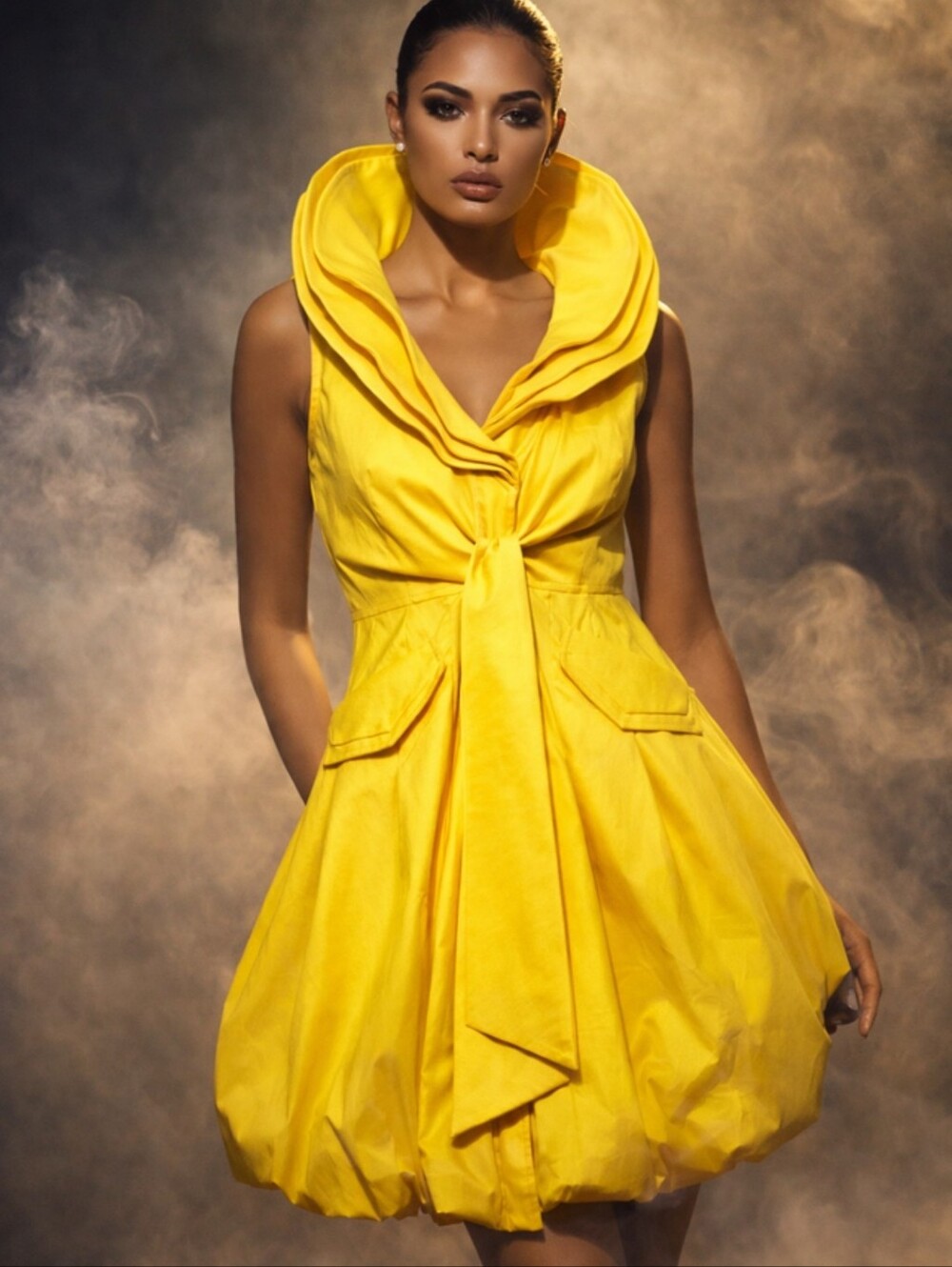 Samuel Dong Yellow Sleeveless Tie-Frontl Cocktail Dress